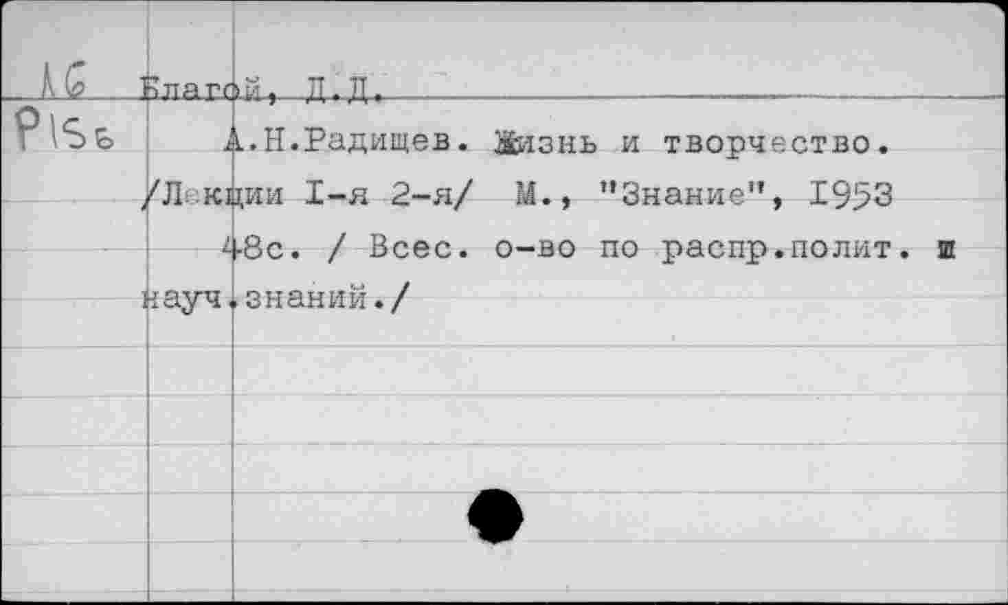 ﻿кб 1		1ЛЯ гг	|>.й, ТЕТЬ	„	_	_ _	 .
р			1.Н.Радищев. Жизнь и творчество.
		/Л: К1	щи 1-я 2-я/ М., ’’Знание”, 1953 ■8с. / Всес. о-во по распр.полит. ш
			
]		-1с1у Ч	оНсШИИ • /
			
			
			
			
			